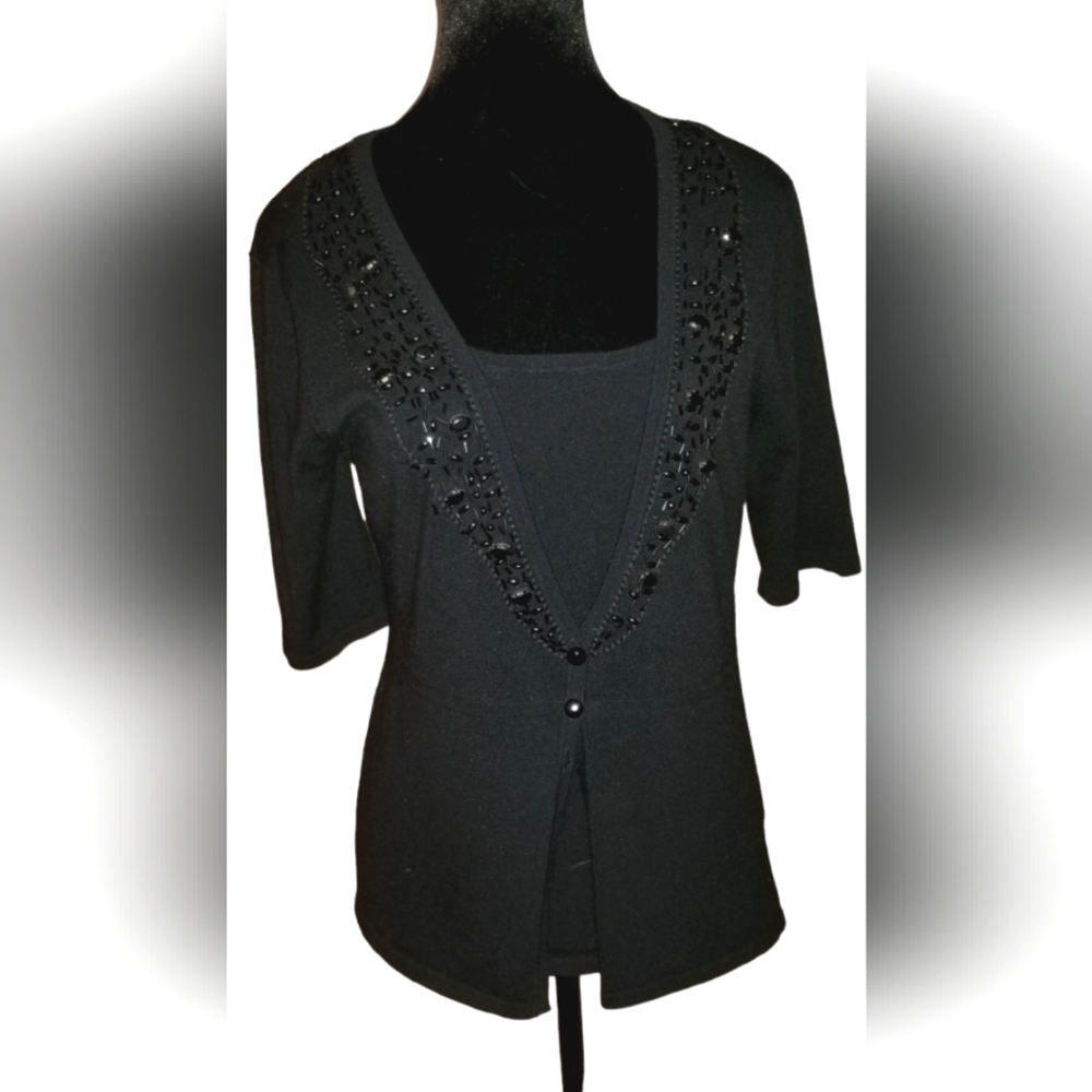 Coldwater Creek faux two piece short sleeve top with beautiful bead detail. SOLD